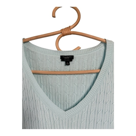 Talbots Sweater Powder Blue V-Neck Cable Knit Pima Pullover Cotton 3/4 Sleeve L - Picture 10 of 13